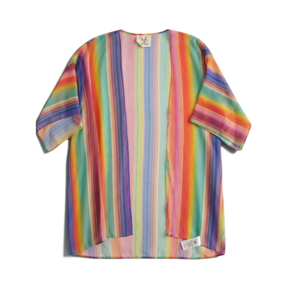 Fantastic Fawn Rainbow Vertical Stripe Kimono Cardigan Multi Color Sheer Medium